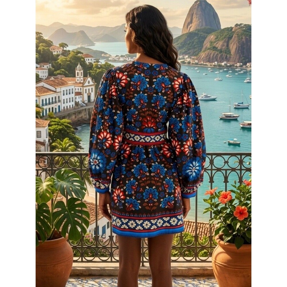 FARM Rio Black Latina Scarf Puff Sleeve Mini Dress - Picture 2 of 11